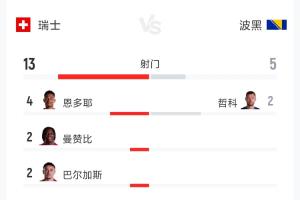 瑞士vs波黑全场数据：射门13-5 射正7-3 控球率62%-38%