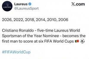 劳伦斯官方祝贺C罗：足坛首位达成6届世界杯破门壮举的球员！